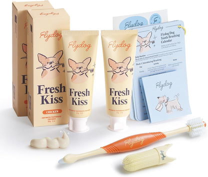 FlyDog Fresh Kiss Dog Tooth Brushing Kit - Vet Approved Formula, Enzymatic Dog Toothpaste and Brush - Breath Freshener & Tartar Remover, 360° Toothbrush & Finger Brush, Dental Guide, Chicken Flavor
