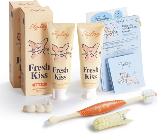 FlyDog Fresh Kiss Dog Tooth Brushing Kit - Vet Approved Formula, Enzymatic Dog Toothpaste and Brush - Breath Freshener & Tartar Remover, 360° Toothbrush & Finger Brush, Dental Guide, Chicken Flavor