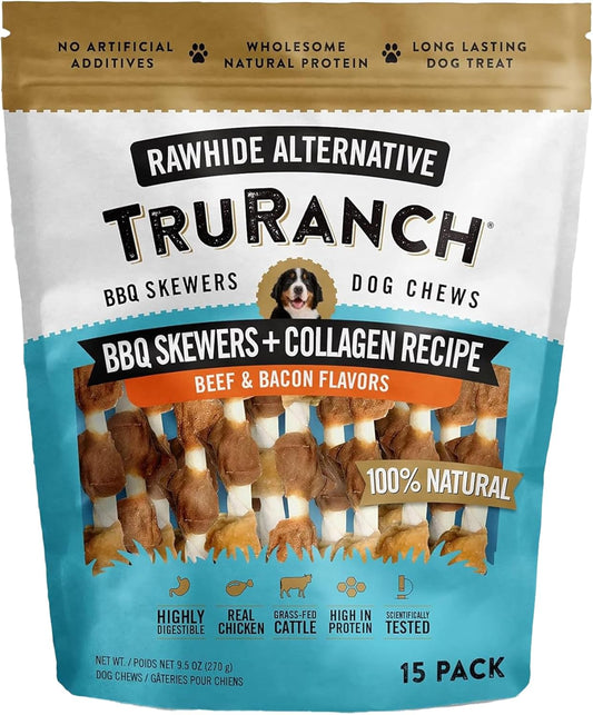 TRURANCH 5" BBQ Collagen Skewers - Collagen Dog Chews - Long Lasting Healthy Joint Support Dog Treat - Rawhide Alternative - Skin & Coat Health, 1 Bag, 15 Count