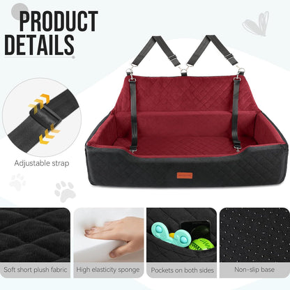 Large Dog Car Seat Under 100 lbs, Washable Dog Car Bed for 2 Medium Dogs, Detachable Pet Booster Seat with Storage Pocket and Seat Belt for Back Seat