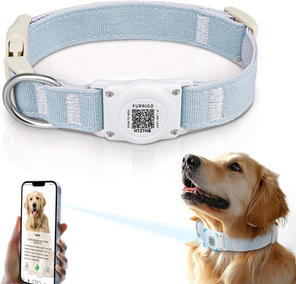 Airtag Dog Collar QR Code - IP68 Waterproof Integrated Air Tag Dog Collar Holder ID Tag - Free Pet Online Profile - Durable Natural Cotton Hemp - Fits for Small Medium Large Dogs (Blue, L)