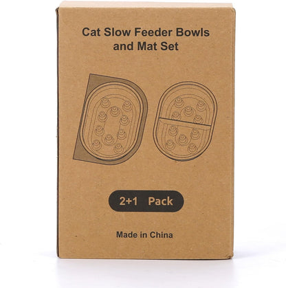 Cat Slow Feeder Bowls and Mat Set for Automatic Pet Care Feeder, YOIHABV 1 Slow Feed Single Bowl, 1 Puzzle Feeding Split Bowl, 1 Mat, Promote Healthy Eating, Non-Slip and BPA-Free, Easy to Clean