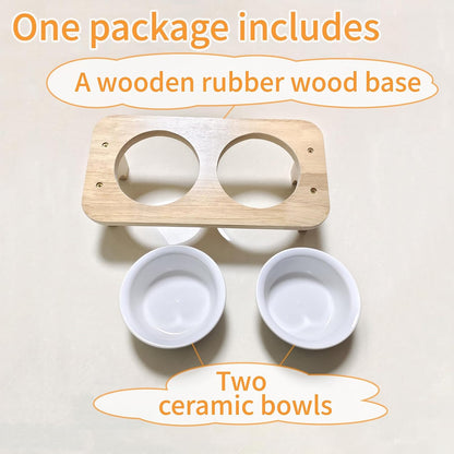15° Tilted Elevated Cat Bowls with 2 Ceramic Dishes & Wood Base - Anti-Vomit Raised Feeder Station for Indoor Cats & Small Dogs, Dishwasher Safe
