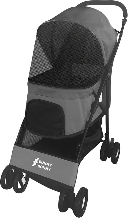 Sunny Sonny Foldable Jogger Pet Stroller with Weather Cover Storage Basket Pet Travel Carrier for S/M Dogs Cats up to 33lbs (Grey)