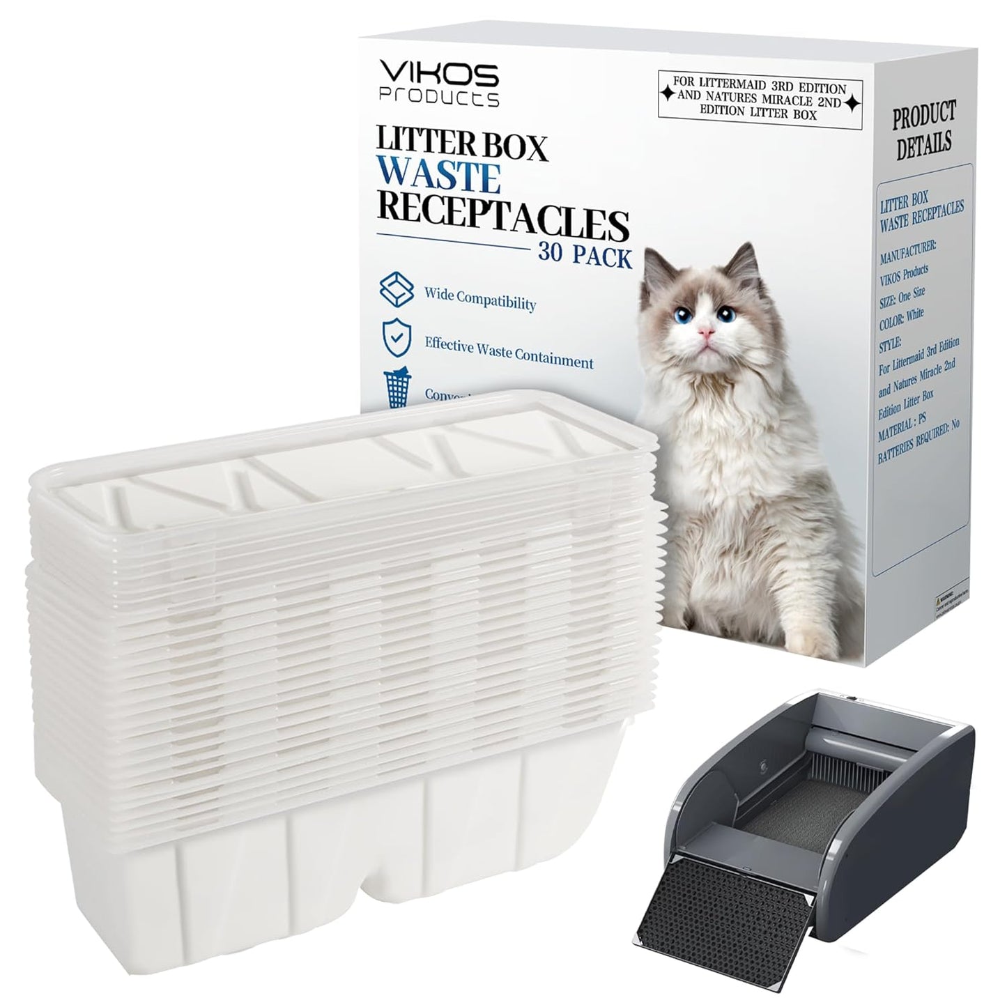 30-Pack Disposable Litter Box Waste Receptacles Compatible with Littermaid 3nd Edition & Nature's Miracle 2nd Edition Automatic Cat Litter Box, Convenient & Odor-Free Disposal