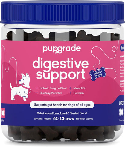 PupGrade Digestive Support Chews for Dogs - Prebiotic and Probiotic Supplement with Enzyme Blend - Upset Stomach, Diarrhea, Bowel, and Immune Support - Pumpkin, Blueberry, Mineral Oil - 60 Soft Chews