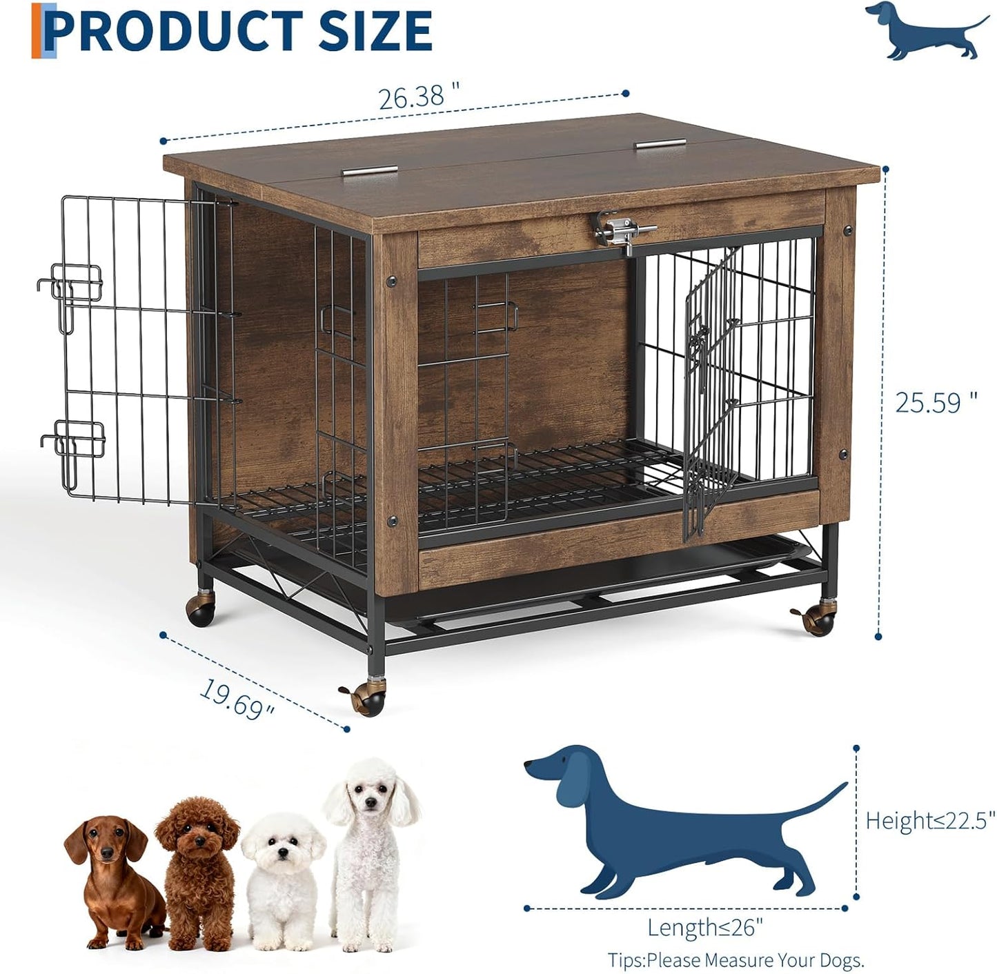 26-Inch Double-Door Pet Crate Furniture, Wooden Dog House with Locking Wheels, Chew-Resistant Indoor Pet Side Table, Rustic Brown Finish, Versatile Pet Housing Solution