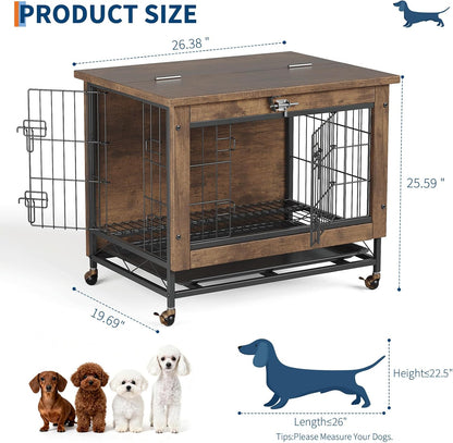 26-Inch Double-Door Pet Crate Furniture, Wooden Dog House with Locking Wheels, Chew-Resistant Indoor Pet Side Table, Rustic Brown Finish, Versatile Pet Housing Solution