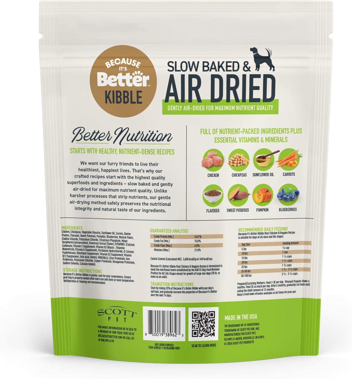 Because It's Better Slow Baked and Air Dried Dog Food, Real Chicken and Veggies, 3lb Bag, Complete and Balanced Dry Dog Food, for All Life Stages