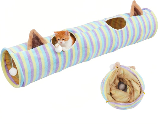 Cat Tunnel for Indoor Cats, Cats Toys Collapsible Tunnel Straight Tube with Fun Ball and 2 Holes, Pet Tunnels for Rabbits, Kittens, Ferrets, Puppy, Diameter 9.8 Inch