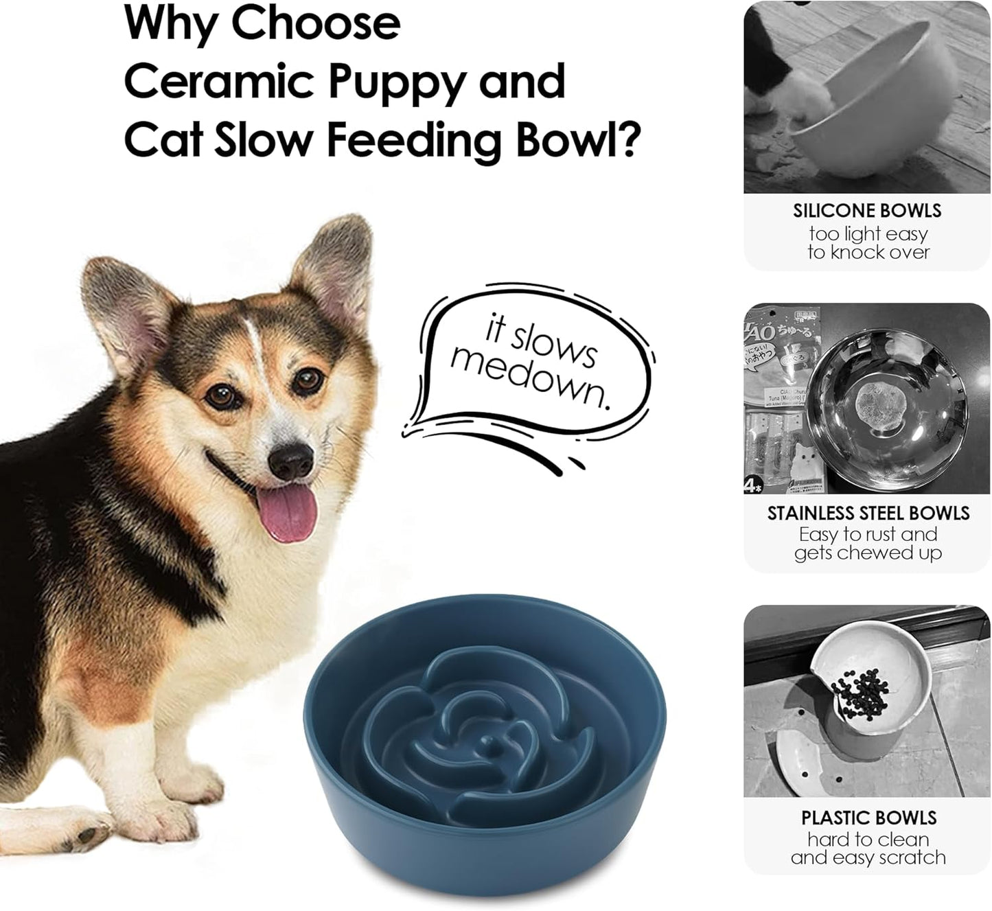 Ceramic Slow Feeder Dog Bowl for Small Dogs & Cats, 6 Inch Puzzle Pet Food Dish, Non-Slip Heavy Design, Helps Reduce Fast Eating, Bloating & Indigestion, Dishwasher Safe (Midnight Black)