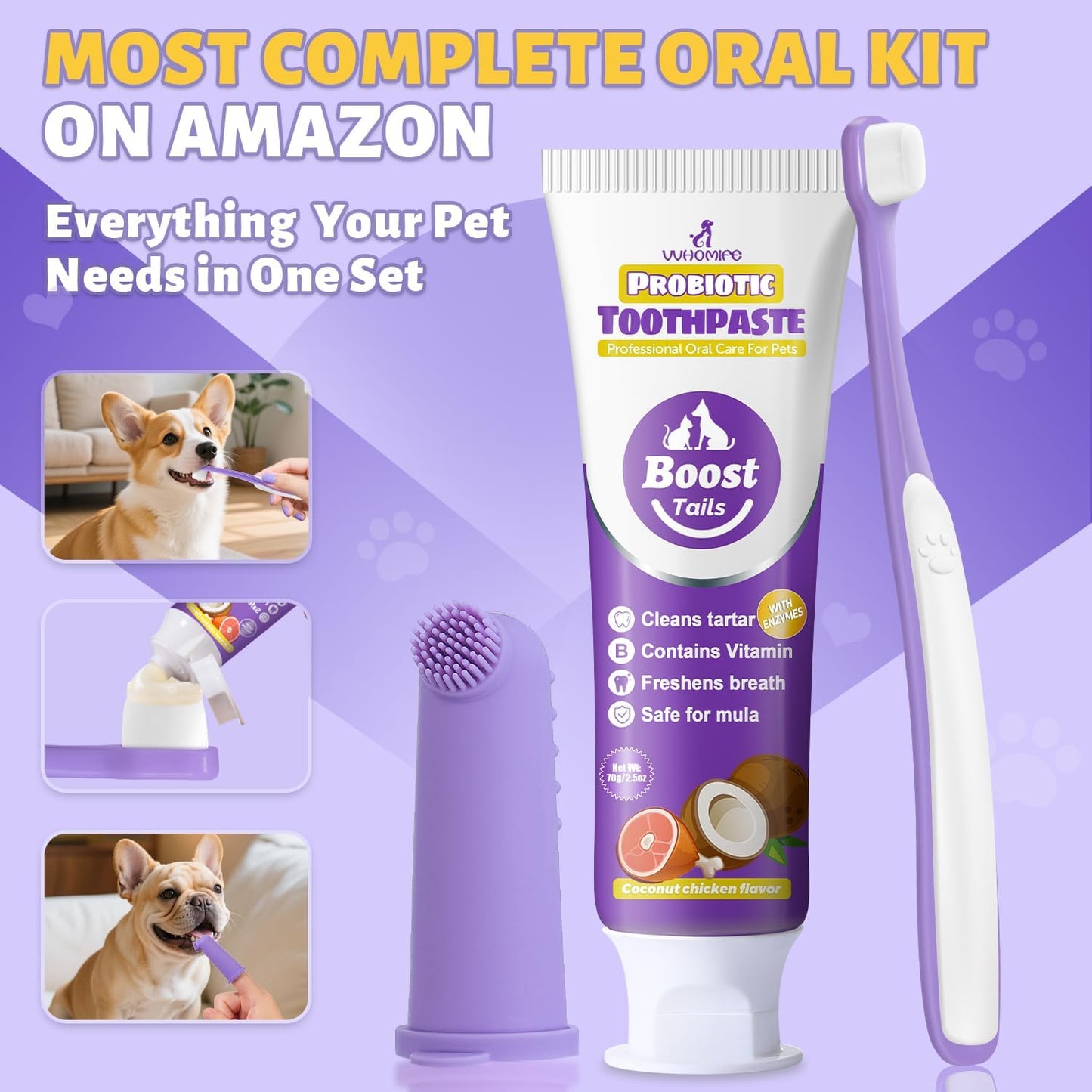Vet Recommended Small Dog Teeth Brushing Kit - Soft Brush and Finger Brush removes 99% of Plaque, Natural Coconut Chicken-Flavored Toothpaste 2.5 oz. for Fresh Breath