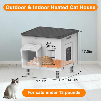 Indestructible Heated Cat House for Outside Cats Winter,Weatherproof & Insulated & Elevated Feral Cat House with Escape Door, Outdoor Indoor Cat Shelter for Stray Barn Cat 17.7×14.9×17.5