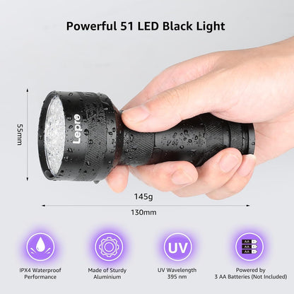 Lepro 51 LEDs UV Light Handheld Blacklight, UV Flashlight Black Light, 395nm Detector for Pet Urine, Stains, Bed Bug and Scorpions, Battery Not Included