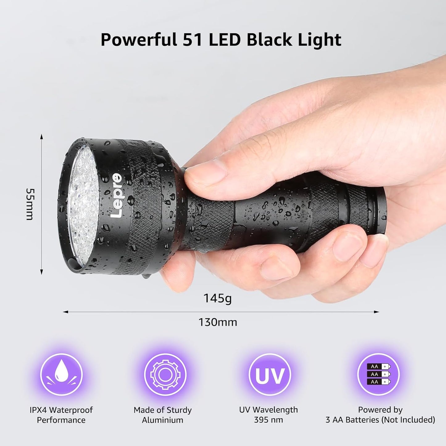 Lepro 51 LEDs UV Light Handheld Blacklight, UV Flashlight Black Light, 395nm Detector for Pet Urine, Stains, Bed Bug and Scorpions, Battery Not Included
