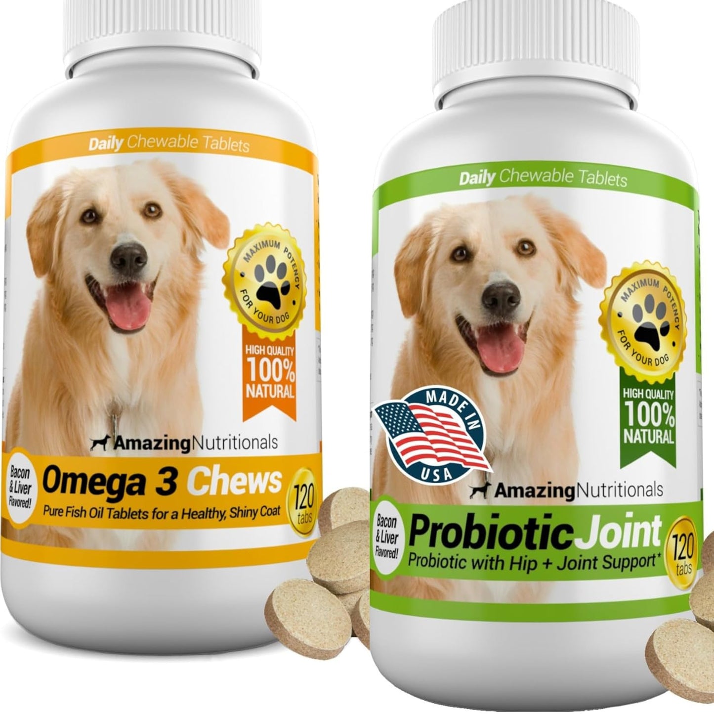 Amazing Dog Skin and Coat and Probiotics for Dogs Joint Digestive Bundle - Omega 3 for Dogs Itchy Skin Relief for Dry Skin, Hot Spots and Shedding, Eliminates Joint Pain, Gas and Diarrhea Elimination
