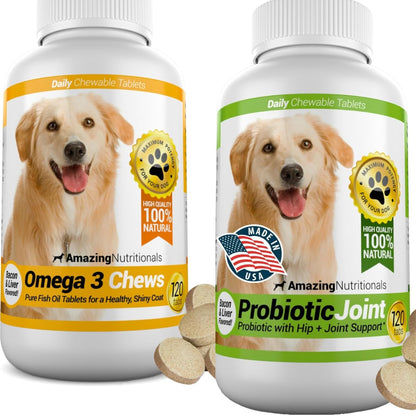 Amazing Dog Skin and Coat and Probiotics for Dogs Joint Digestive Bundle - Omega 3 for Dogs Itchy Skin Relief for Dry Skin, Hot Spots and Shedding, Eliminates Joint Pain, Gas and Diarrhea Elimination