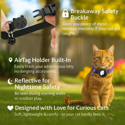AirTag Cat Collar Airtag Holder for Cats – Breakaway Reflective Nylon Kitten Collar with Bell, Adjustable 1cm Cat Collar for Tracking, Safety & Small Cats (Fits 8.66–13.78 in)