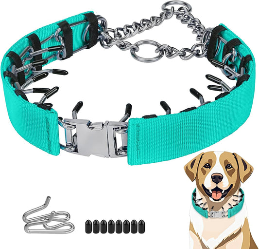 Pinch Prong Collar for Large Medium Small Dogs, Stainless Steel Choke Collar for Dogs with Qucik Release Buckle Green L