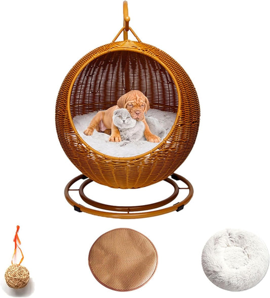 Indoor Outdoor Hanging Cat Bed Wicker Cat Egg Chair for 25 Kg (55 Lbs) pet Hanging Swing Bed with Removable Cushion & Hanging Ball(Brown)