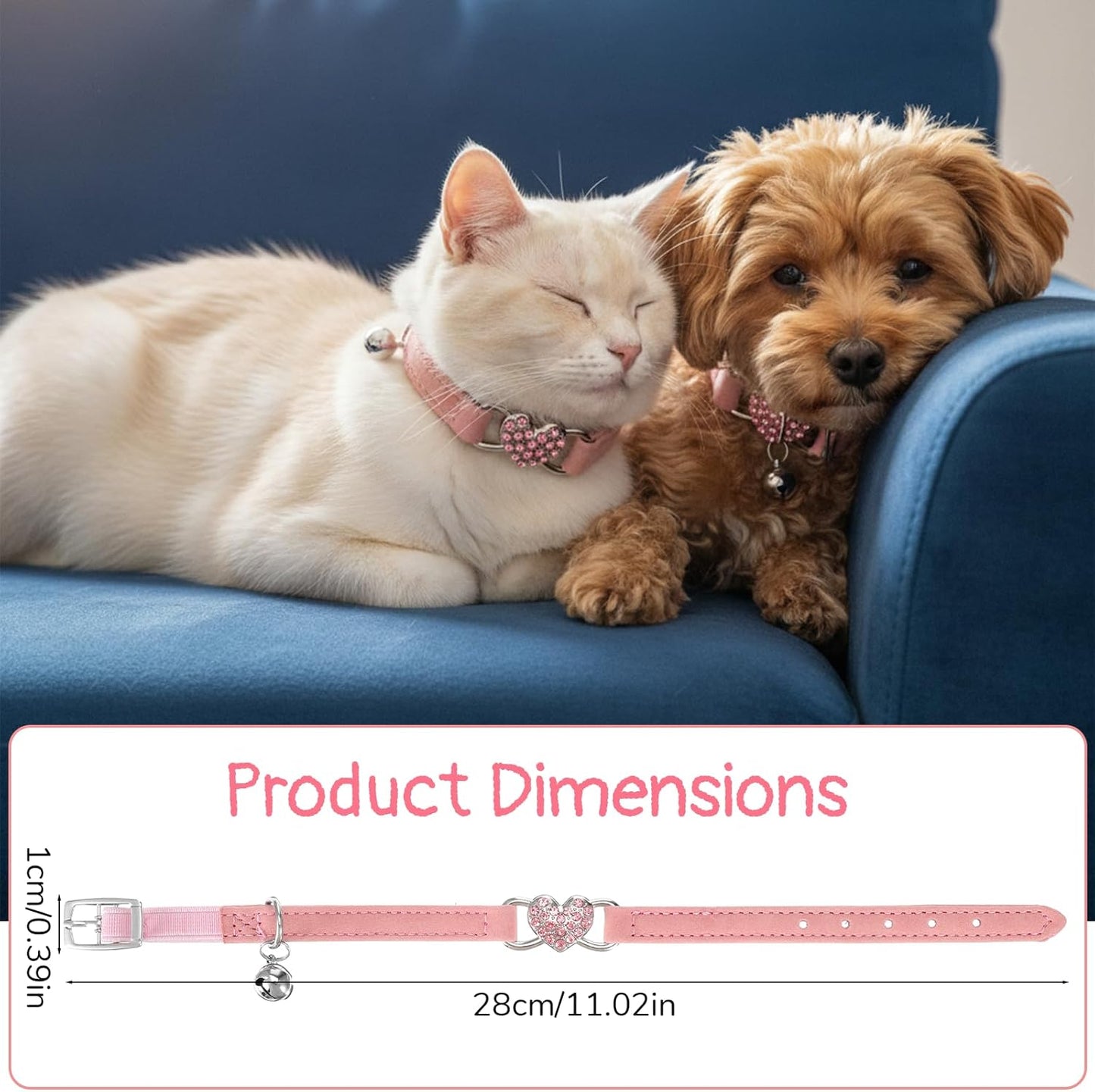 Adjustable Cat Collar, Cat Collars for Girl Cats, Bling Rhinestone Heart,Pink Cats Collar, Pink Puppy Collars with Bell, 8-11 Inches