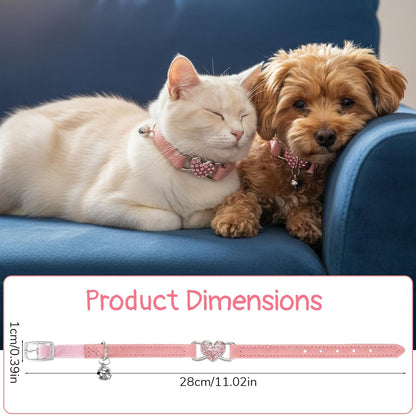 Adjustable Cat Collar, Cat Collars for Girl Cats, Bling Rhinestone Heart,Pink Cats Collar, Pink Puppy Collars with Bell, 8-11 Inches