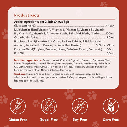 Dog Multivitamin Chewable, with Glucosamine Chondroitin, Digestive Enzymes & Probiotics, for Digestion Support, Immune, Skin, Coat, Joints & Bones Healthy, 120 Chews