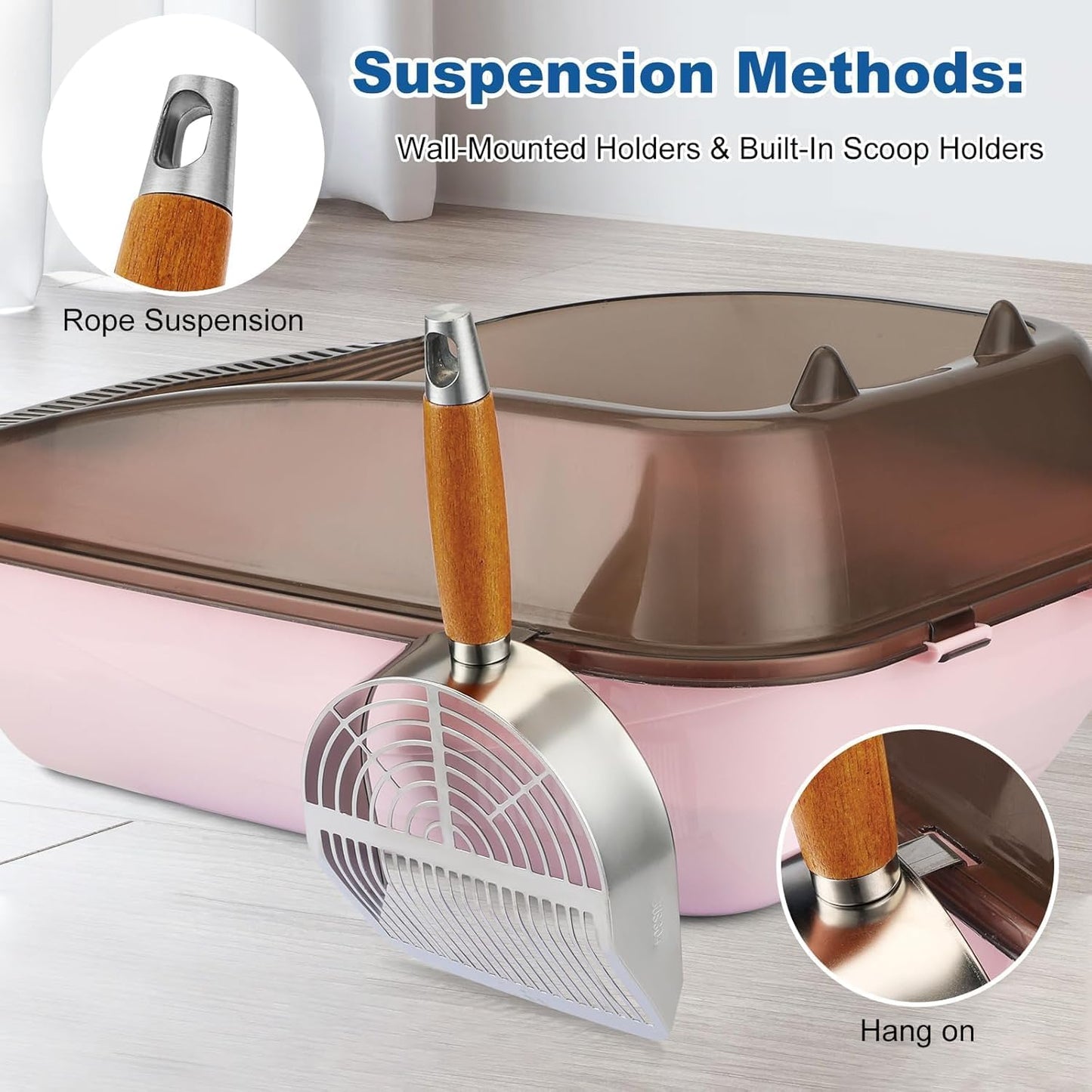 Cat Litter Scoop Metal 304 Stainless Steel, One-Piece Pressed Design with No Weld Spots, Durable Anti-Break Handle, Dual Slot Sizes, with Holder Stand, Easy to Clean, Filters Small Litter Clumps