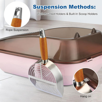 Cat Litter Scoop Metal 304 Stainless Steel, One-Piece Pressed Design with No Weld Spots, Durable Anti-Break Handle, Dual Slot Sizes, with Holder Stand, Easy to Clean, Filters Small Litter Clumps
