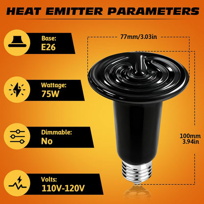 75W Ceramic Heat Emitter Reptile Heat Bulb E26 Base Heat Lamp Bulbs No Light Heat Lamp for Amphibian Pet Brooder Coop Lizard Turtle Snake Terrarium