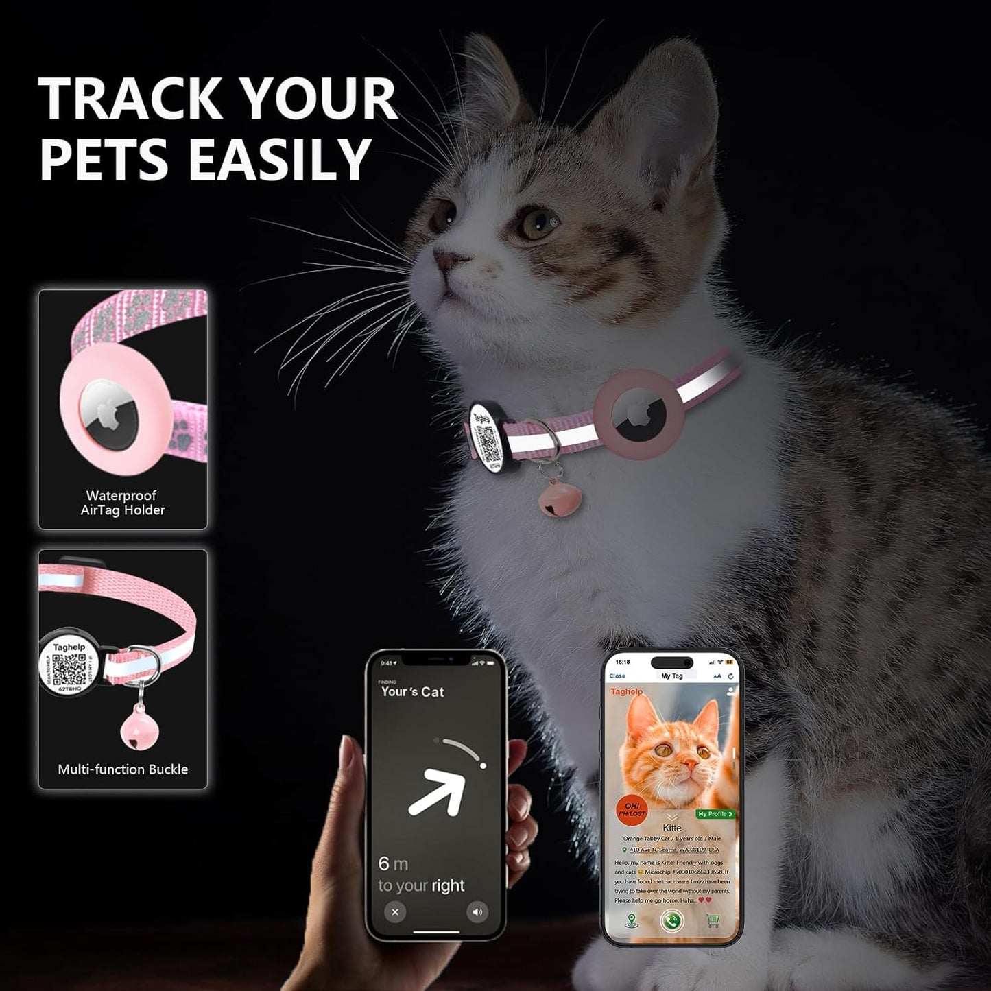 2PCS Breakaway Cat Collars with Bell Cute Star &Moon Safe Kitten Collars with Pendant Glow in The Dark,Airtag Holder Cat Collar with Smart ID tag & QR Code Reflective for GPS Boy Girl Cats (Purple)