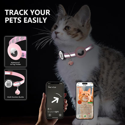 2PCS Breakaway Cat Collars with Bell Cute Star &Moon Safe Kitten Collars with Pendant Glow in The Dark,Airtag Holder Cat Collar with Smart ID tag & QR Code Reflective for GPS Boy Girl Cats (Purple)