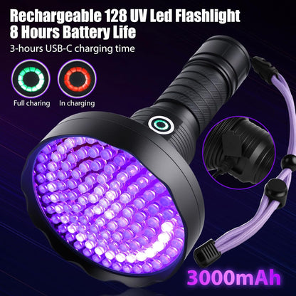 Rechargeable UV Flashlight,128 Led 395nm Black Light, Pet Urine & Stain Detector for Dog/Cat, Bed Bugs, Curing Resin, Durable and Long Lasting
