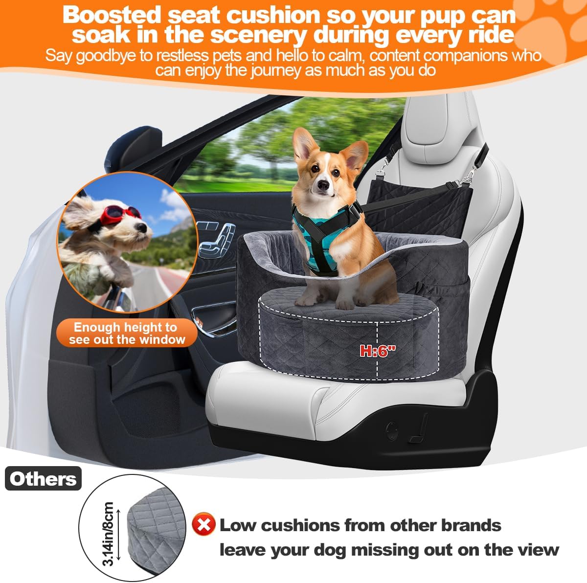 Dog Booster Car Seats for Small Medium Dogs, Fits Dogs Under 19", 28D High-Density Memory Foam with Waterproof Cover, Pet Travel Bed with Storage Pockets, Blanket, Dog Safety Belt, Black