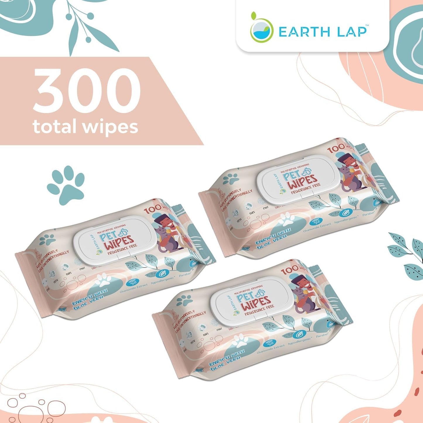 100% Biodegradable Premium Pet Wipes | Grooming Wet Wipes for Dogs, Cats, Puppies & Small Pets | Dry Bathing, Grooming Paws, Body, Ears and Butt, Fragrance-Free 300 Count (100 * 3 Pack)