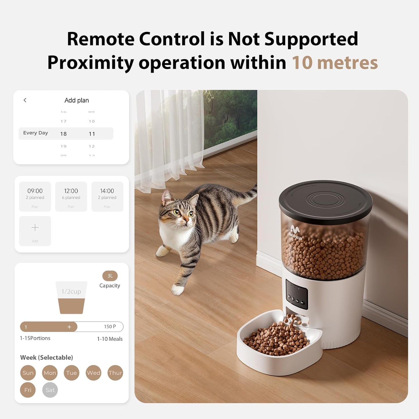 IMIPAW Automatic Cat Feeder, 3L Timed Dry Food Dispenser with Desiccant, Programmable Portion Control, Dual Power Backup, 10 Meals Daily, 15 Portions Per Meal, Suitable for Small Pets, Easy Setup