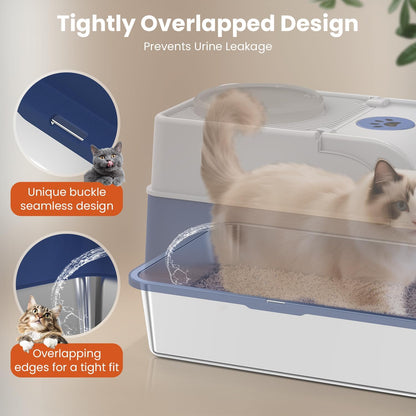 Stainless Steel Litter Box with Lid, XXL Top Entry Extra Large Litter Box Enclosure for Kitty & Big Cats, Non-Stick Metal Cat Pan with Dual Storage Footboard, Trapping Mat & Scoop Included