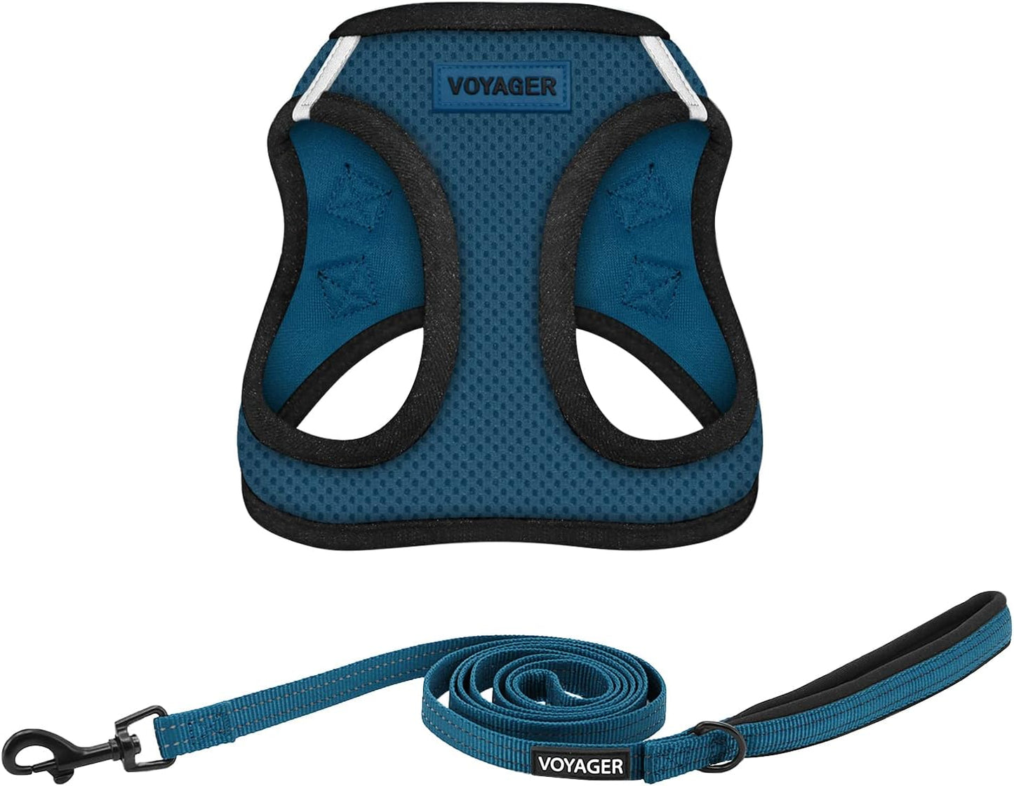 Voyager Step-in Air All Weather Mesh Harness and Reflective Dog 5 ft Leash Combo with Neoprene Handle, for Small, Medium and Large Breed Puppies by Best Pet Supplies - Blue/Black Trim, XXX-Small