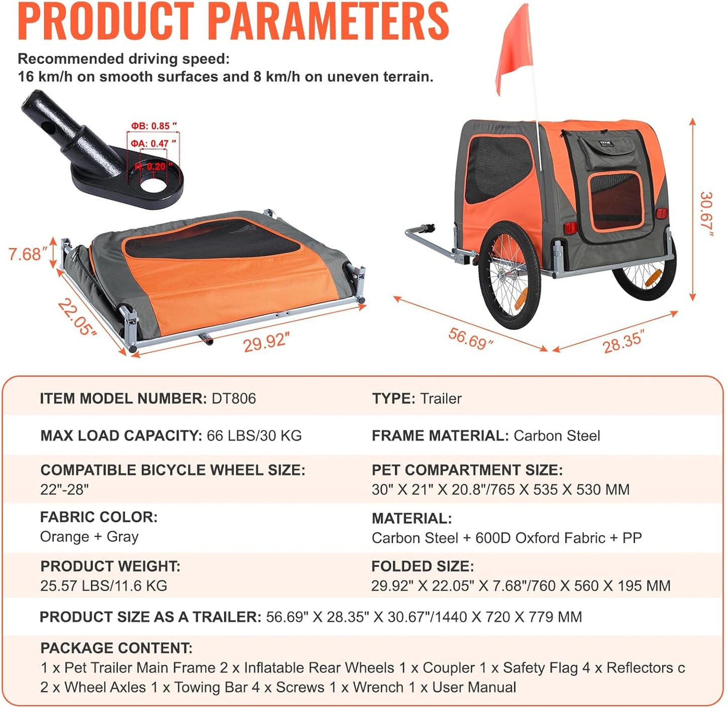 VEVOR Dog Bike Trailer, Supports up to 66 lbs, Pet Cart Bicycle Carrier for Small & Medium Dogs, Easy Folding Frame with Quick Release Wheel, Universal Bicycle Coupler, Reflector, Flag, Internal Leash