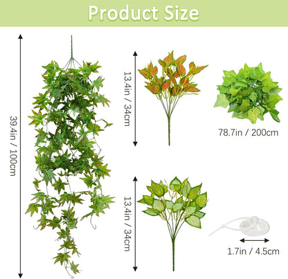 BNOSDM Reptile Plants Habitat Decorations with Suction Cup Terrarium Hanging Plant Bearded Dragon Tank Accessories Artificial Leaves Reptile Hide for Lizard Snake Leopard Gecko Chameleon (Green)