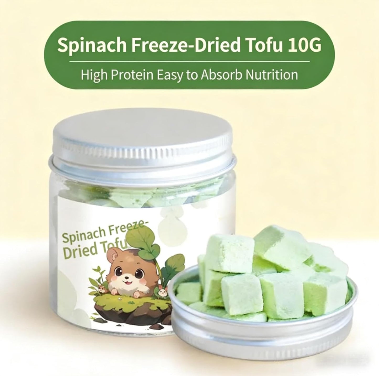 Freeze Dried Tofu for Hamsters High Protein Low Fat & Balanced Minerals Grain Single Ingredient Natural Treats for Rabbits Guinea Pigs & Small Pets (Freeze-Dried Tofu - Spinach)