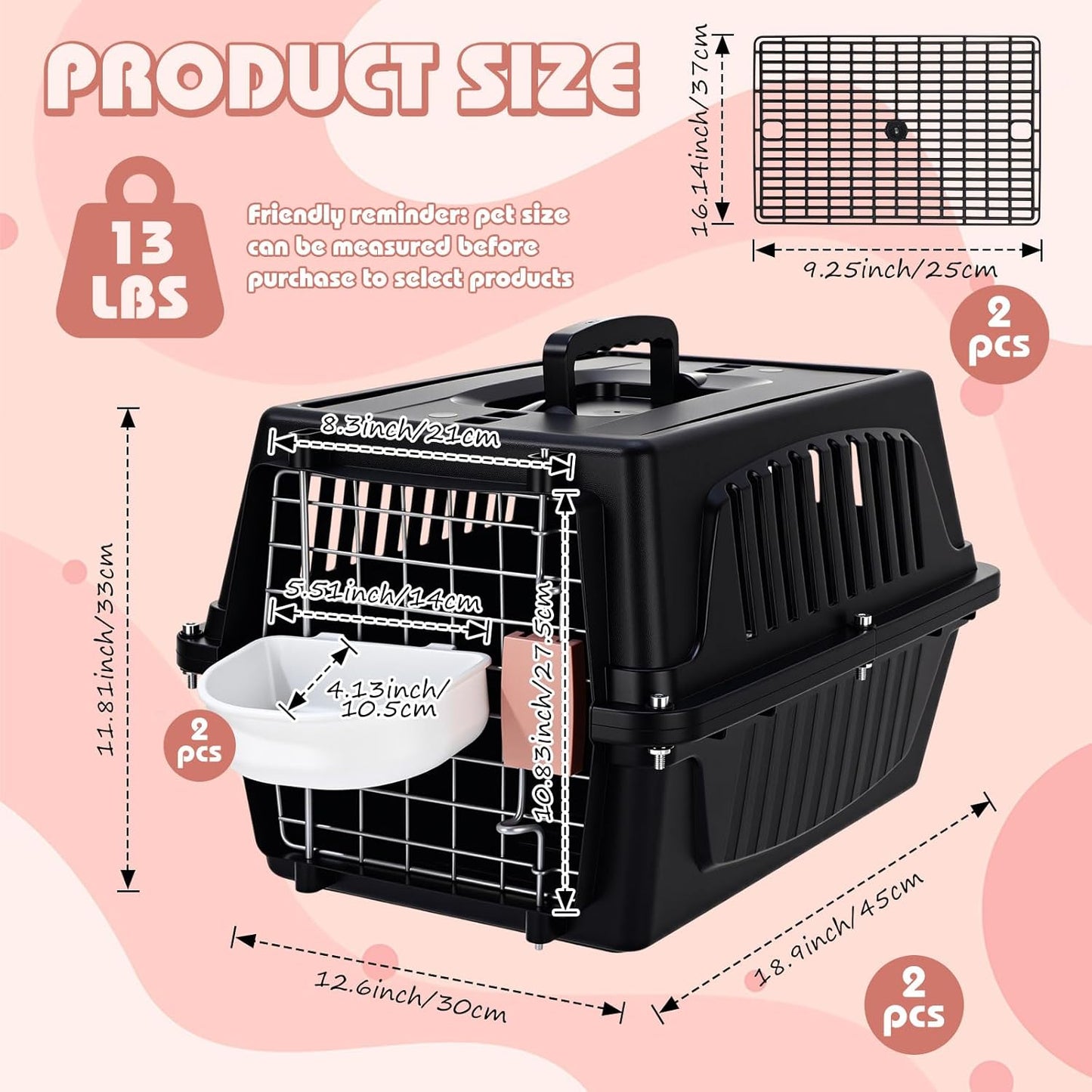 2 Set 18.9" Pet Carrier for Small Cats and Dogs, Hard Sided Plastic Cat Kennel for Pet with Front Door Security Lock Fully Breathable Travel Crate, up to 13 Lbs(Black,18.9 x 12.6 x 11.8 Inch)