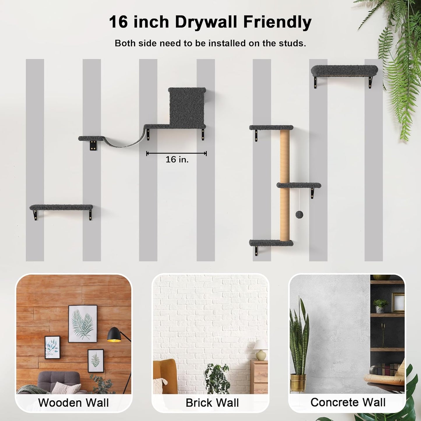 FUKUMARU Cat Wall Shelves, Stable & Safe 4 in 1 Cat Furniture Set, Wooden Climbing Wall with Scratching Post for 16 Inch Drywall - Gray