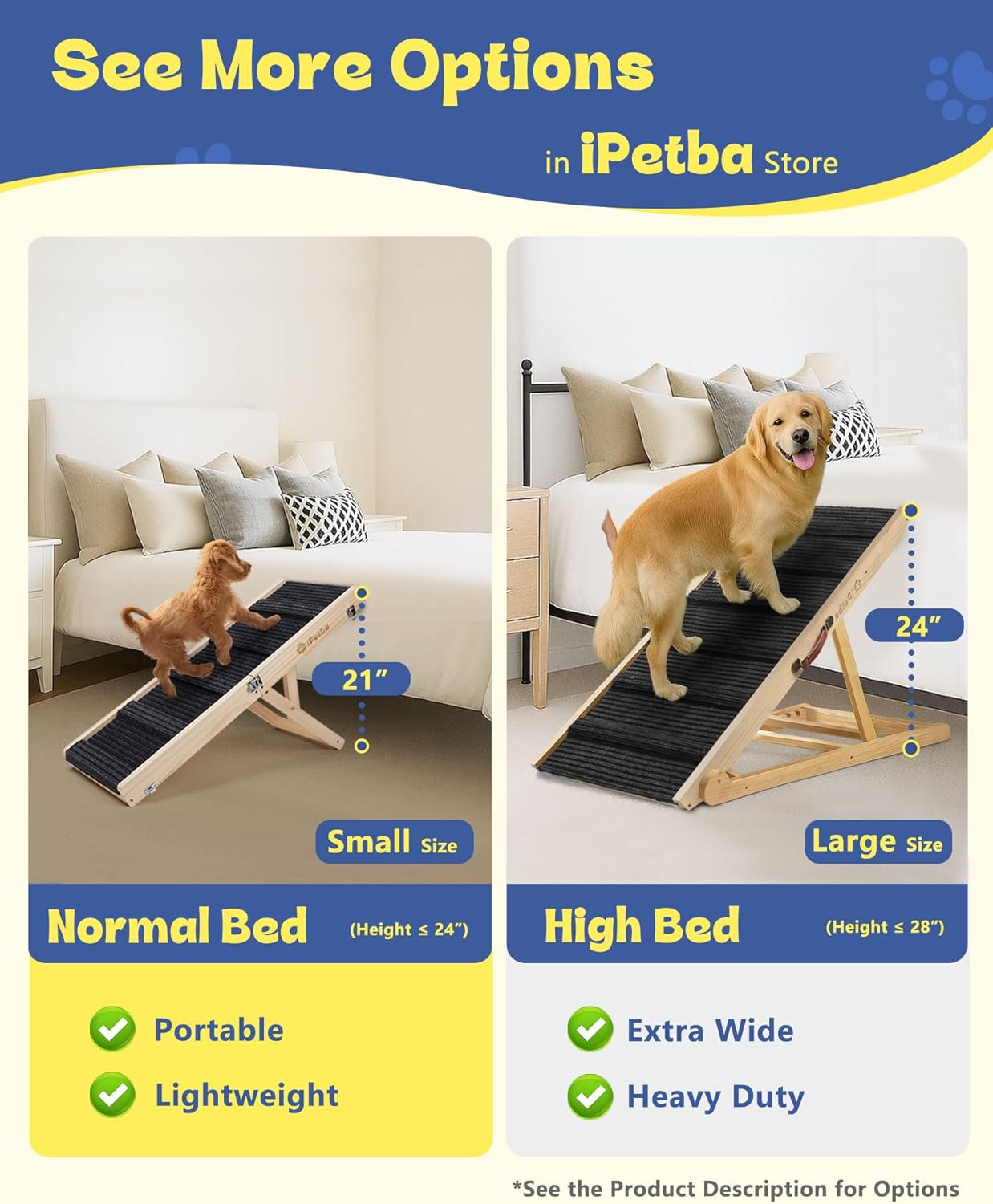 Dog Ramp for Bed & Couch for Small Dogs - Joint-Friendly, Anti-Slip, Folding, Adjustable, Portable, Up to 35 lbs