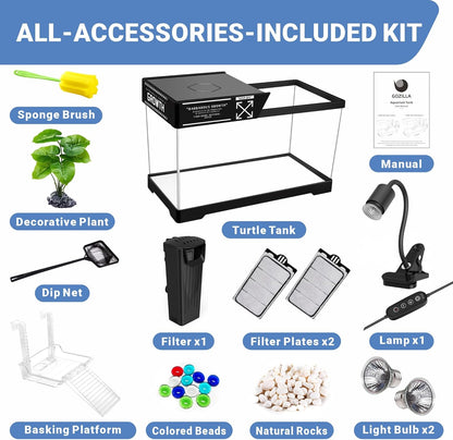 GOZILLA Aquatic Turtle Tank+Lamp+Filter Kit, Upgrade PC Turtle Tank Starter Kit with Adjustable 360°Lamp & Filter,Reptile Habitat Lid,Hanging Platform for Small Reptiles.(15.75×7.9×9''/Black)
