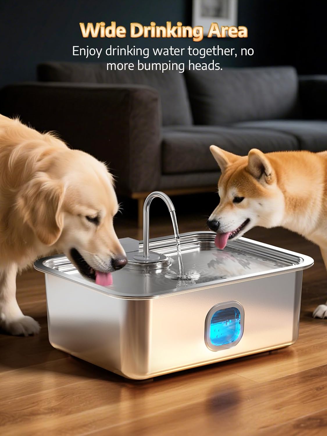 4.2Gal Dog Water Fountain for Large Dogs, 16L Stainless Steel Large Dog Fountain Water Bowl with Deeper & Wider Drinking Tray, Automatic Pet Water Dispenser with Visible Window for Multi-Pets Families