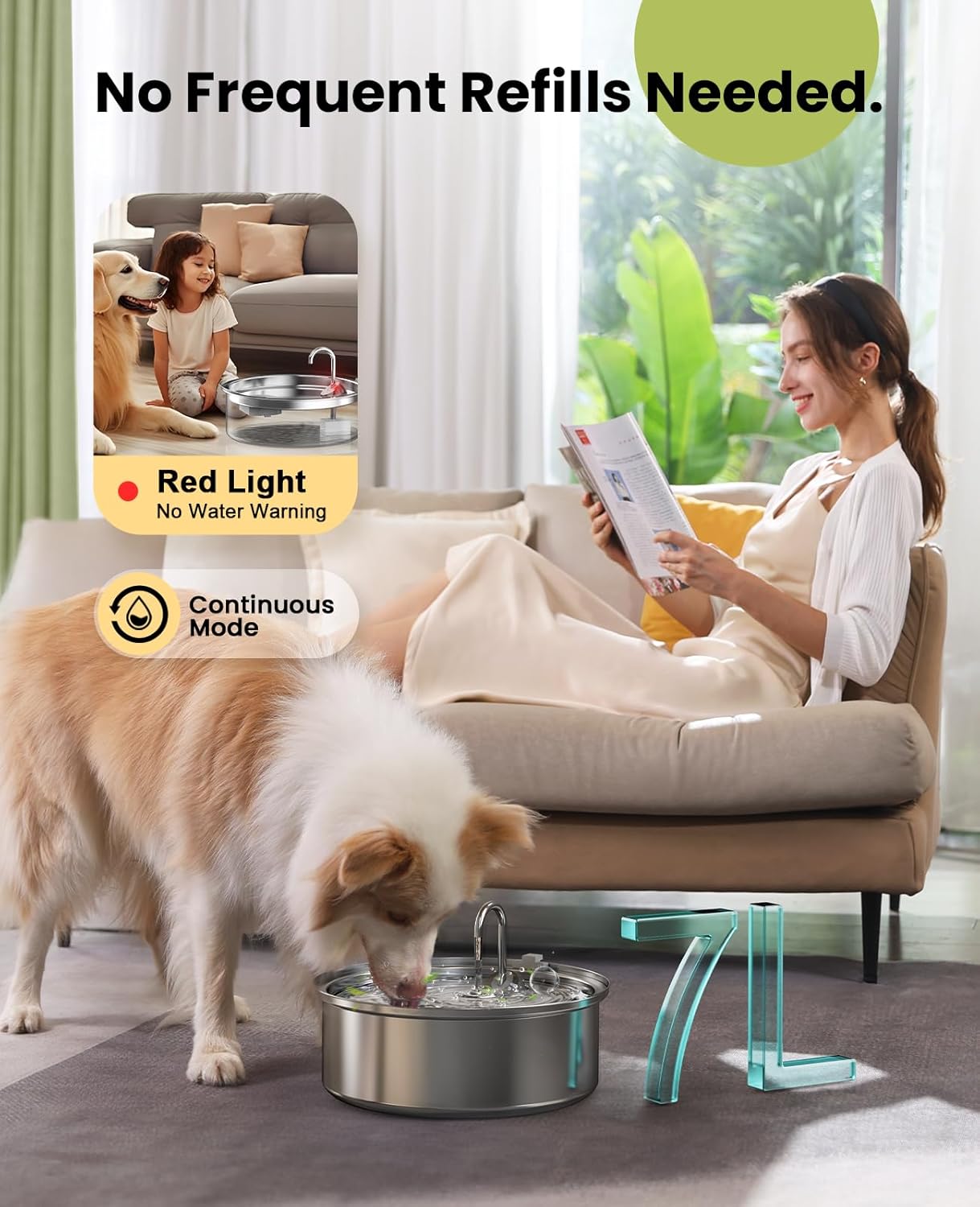 oneisall Dog Water Fountain for Large Dogs,7L/230oz/1.8G Stainless Steel Dog Fountain Bowl Super Quiet with Triple Filtration,Great for Large Dogs Cats and Multi-Pet Home