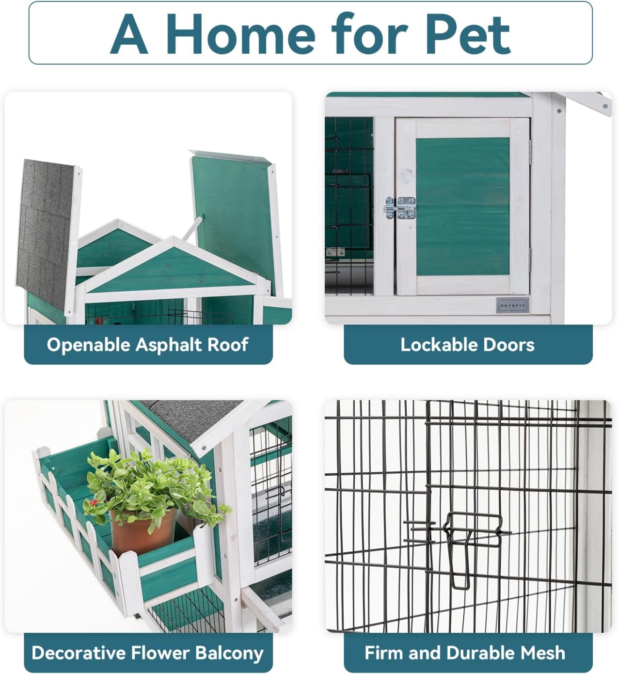 2-Story Wooden Rabbit Hutch Outdoor Indoor Bunny Cage Pull Out Tray, Roof Green Solid Wood 2-Story Durable Outdoor Indoor Easy to Clean