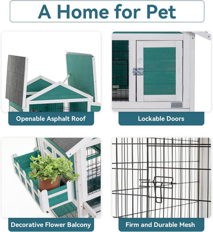 2-Story Wooden Rabbit Hutch Outdoor Indoor Bunny Cage Pull Out Tray, Roof Green Solid Wood 2-Story Durable Outdoor Indoor Easy to Clean