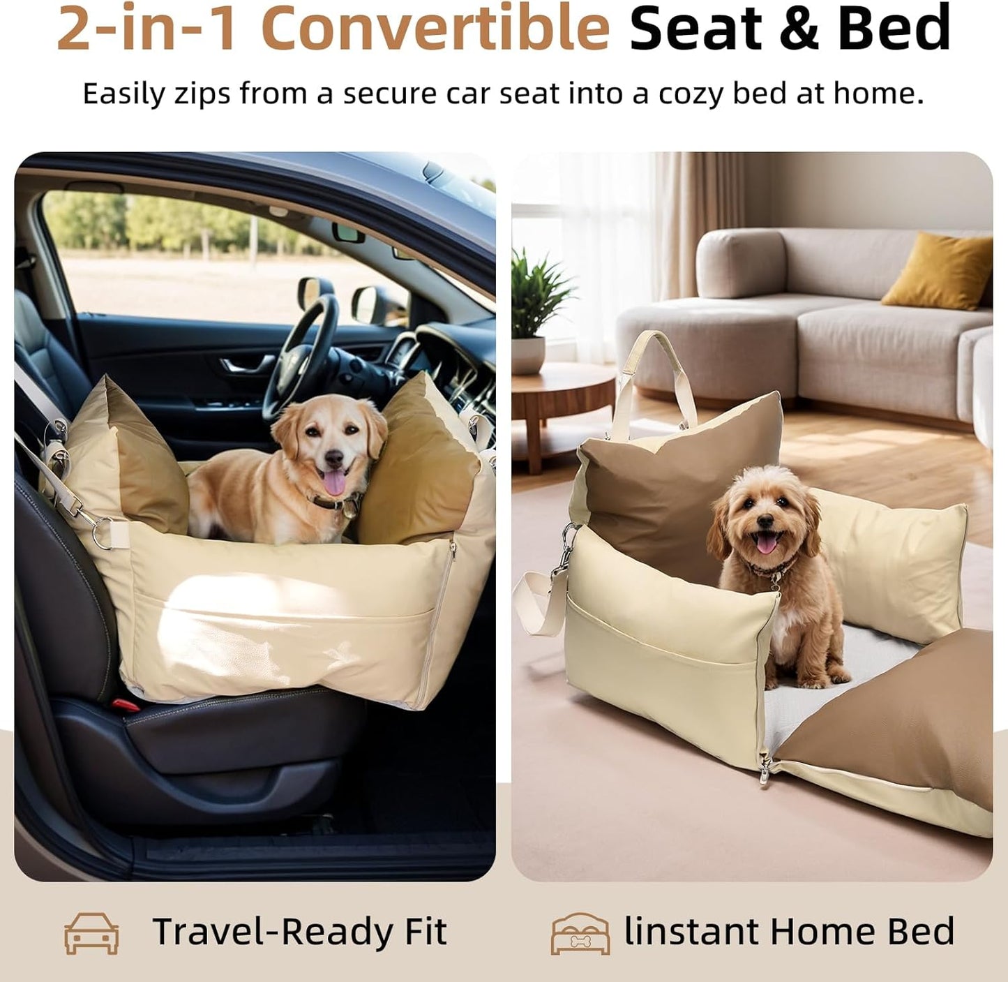 Small Dog car seat for Small Dogs seat Bed for car cat pet Puppy Bed Dog Medium Sized Booster 5-15 lbs with Harness（Milky White）